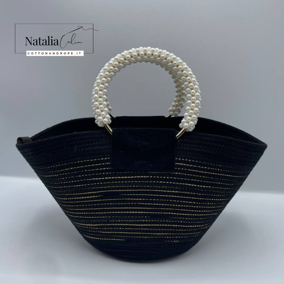 BORSA piccola con MANICI PERLE, Colore: NERO / ECRU' - Misure: 16 x 29 cm