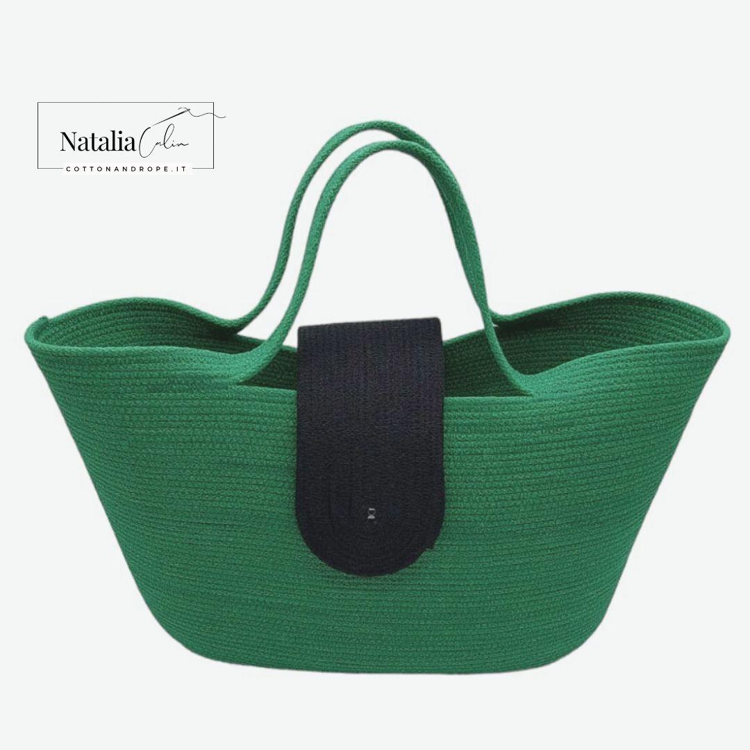 BORSA GREEN & BUTTON - Colore: Verde / Nero - Misure: 22 x 38 cm - COTTONANDROPE.IT - Made Whit Love