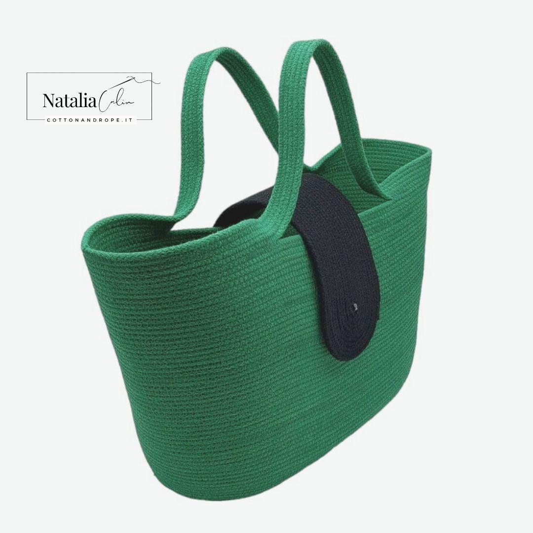 BORSA GREEN & BUTTON - Colore: Verde / Nero - Misure: 22 x 38 cm - COTTONANDROPE.IT - Made Whit Love