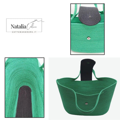 BORSA GREEN & BUTTON - Colore: Verde / Nero - Misure: 22 x 38 cm - COTTONANDROPE.IT - Made Whit Love